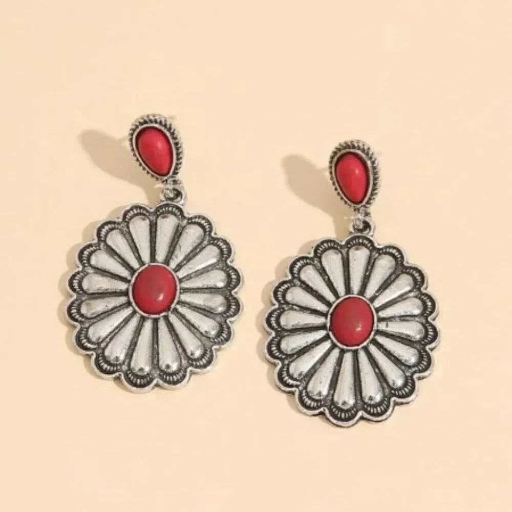 WESTERN SILVER RED TURQUOISE CONCHO SANTA FE STYLE DANGLE EARRINGS